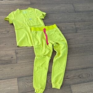 Figs Neon Yellow Scrub Top and Jogger Set with Pink Drawstring